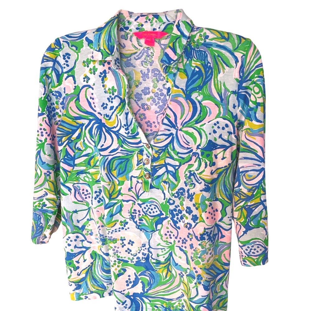 Lilly Pulitzer Ansley Polo 3/4 SleeveTop in the print  Feline Good Cotton M - Picture 2 of 9